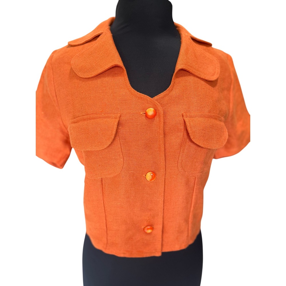 La Veste Orange Textured Short Sleeve Button Up Top Scalloped Collar Spain Small